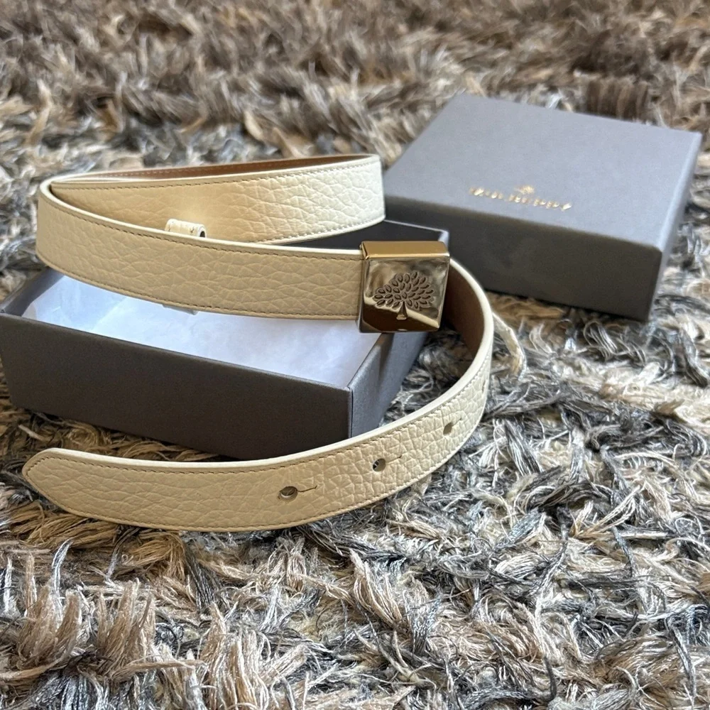 Mulberry Off-White Leather Belt with Gold Logo Buckle